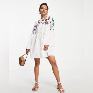 ASOS DESIGN Long Sleeve Mini Floral Embroidered White Sun Dress Size 6 NWOT